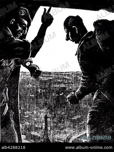 France - Algerian War of Independence. Satirical cartoon published in the'Daily Mail':. Massu dropping De Gaulle by parachute over Paris.. 1958.