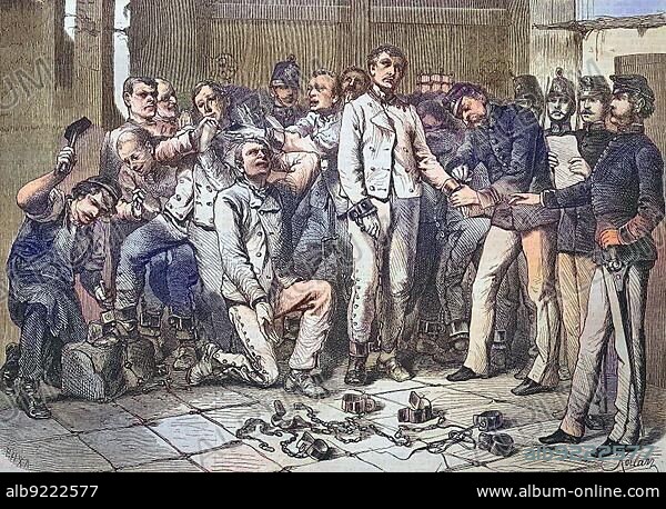 Chain Sentence. The liberation from the chain sentence in Austria by Empress Elisabeth of Austria on 19 November 1867. The prisoners are freed from the chains, digitally restored reproduction of a 19th century original, exact original date not known.