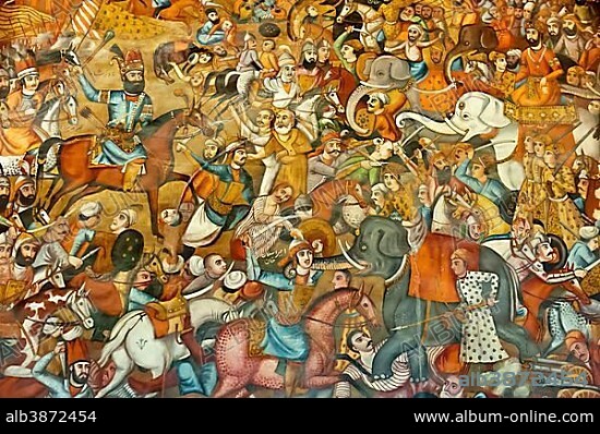 Fresco, battle, battle of Nadir Shah in the Battle of Karnal, 1739, on a horse, against Sultan Mohammed Shah Gurkani on a white elephant, Chehel Sotoun, Forty Pillars Palace, Isfahan, Iran, Asia.