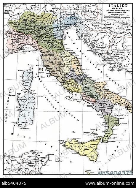 Historic illustration, map of Italy frome the times of Emperor Augustus, 1st Century, 19th century, Meyers Konversations-Lexikon encyclopedia, 1889.