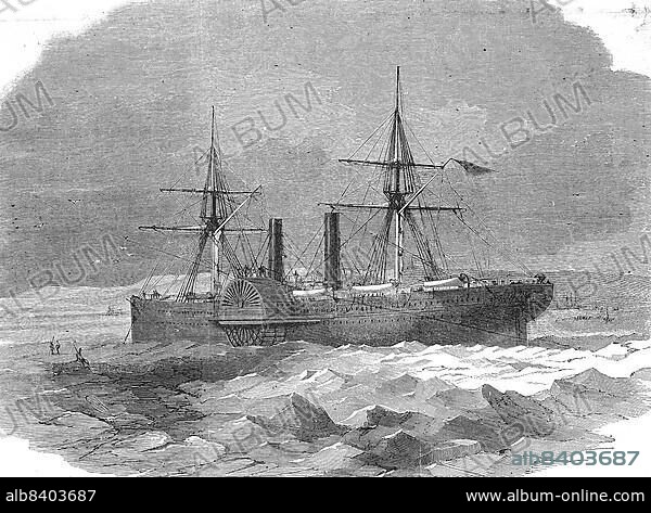 Steamboat trapped in ice on the coast of Denmark, 1869, Historic, digitally restored reproduction of an original 19th century painting, exact original date unknown.