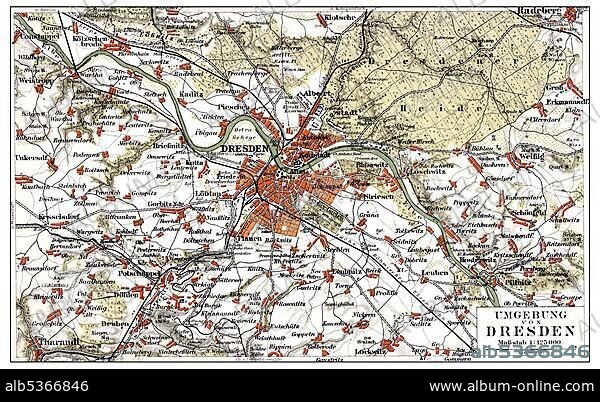 Map of Dresden and the surrounding area, Germany, Europe, end of the 19th Century, from Meyers Encyclopaedia, 1889, Europe.