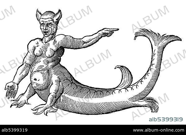 Woodcut, Monstrum marinum humana facie, marine monster with a human face, Aldrovandi, Historia Monstrorum, 1642, Renaissance.