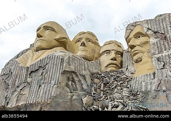 Rock portraits of four American presidents on Mount Rushmore, replica made of Lego bricks, Legoland Billund, Denmark, Europe.