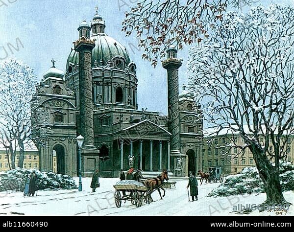 The Karlskirche in Vienna in winter, Austria, Painting by Adolf Hitler (1889-1945), Historical, digitally restored reproduction from a 20th century original, public domain, Record date not stated, Europe.