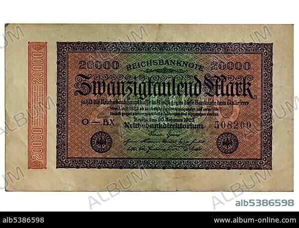 Front of a Reichsbanknote bill of the Central Bank from July 1st 1923 over 20, 000 marks, Central Bank of Germany, Berlin.