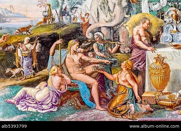 Wedding of Cupid and Psyche, fresco by Giulio Romano, Hall of Amor and Psyche, Camera di Amore e Psiche, Palazzo Te pleasure palace, Mantua, Lombardy, Italy, Europe.