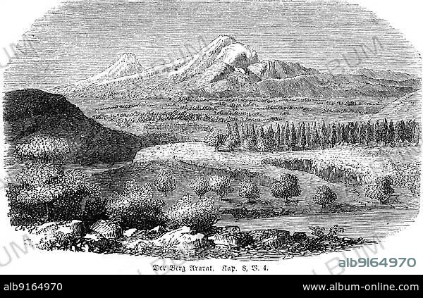 Mount Ararat, landscape, trees, valley, plain, fields, rock, mountains, seventh month, Bible, Old Testament, First Book of Moses, Chapter 8, Verse 4, historical illustration 1850.