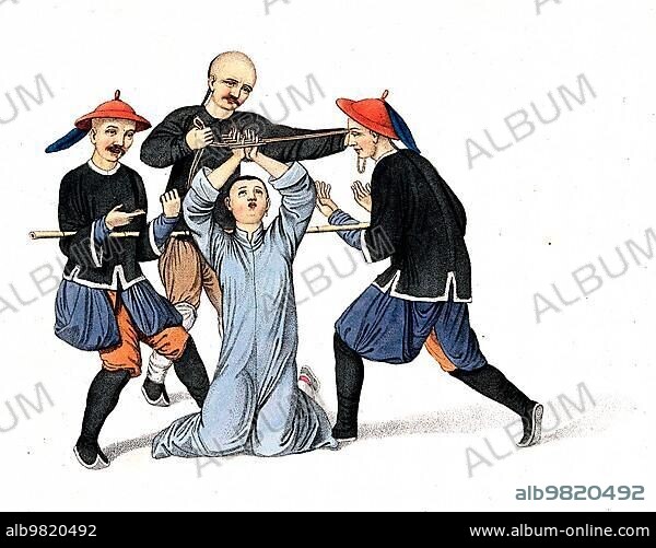 Torture; Punishment; Punishment; A Chinese man with his hands bound in a wooden grid kneels on the ground and is surrounded by two men with a long stick and one man with a rope; c. 1810; China; Historical; digitally restored reproduction from a 19th century original; Asia.