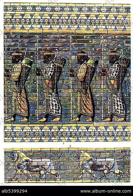 Historic illustration, Persian ornaments consisting of enameled bricks, Georges Perrot et Charles Chipiez, Histoire d e l'art dans l'antiquite.