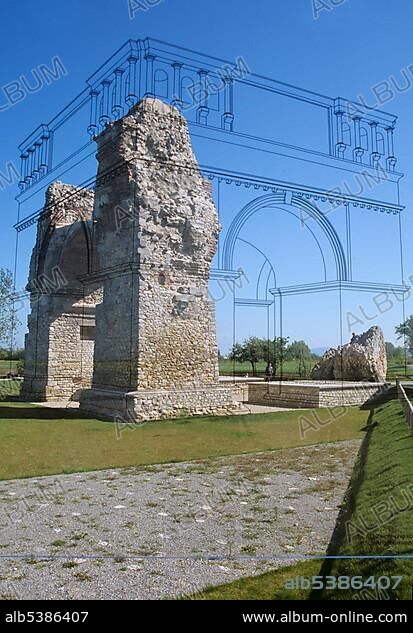 Roman arch called Heidentor and reconstruction in archeological park of Carnuntum Petronell Lower Austria Austria.