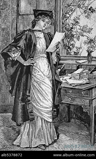 Female doctor at London University in 1880, historical illustration, circa 1886.