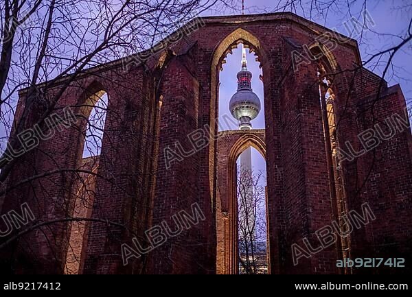 Germany, Berlin, 23. 01. 2020, Ruins of the Franciscan Monastery Church, TV Tower, Europe.