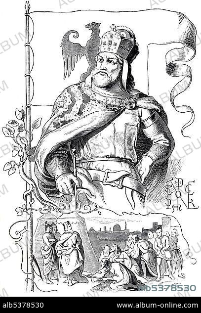 Frederick I, Barbarossa, 1122 - 1190, historical illustration from Bildnisse der Deutschen Koenige und Kaiser, Portraits of German Kings and Emperors, by Professor Heinrich Schneider, Verlag Friedrich Andreas Perthes, Gotha, 1889.