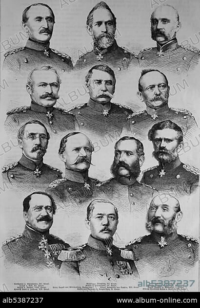 The Corp Commanders of the North German Federal Army: Constantin von Alvensleben, William of Tuempling, Edwald von Kirchbach, Julius von Bose, Gustav von Alvensleben, Friedrich von Fransecki, August von Goeben, August von Wuerttemberg, Albert Crown Prince of Saxony, Edwin Freiherr von Manteuffel, Adolf von Zastrow, Bernhard von Voigts-Rhetz, Gustav von Manstein, from top to bottom left right, Illustrierte Kriegschronik 1870-1871 illustrated war history, German-French campaign, Weber.