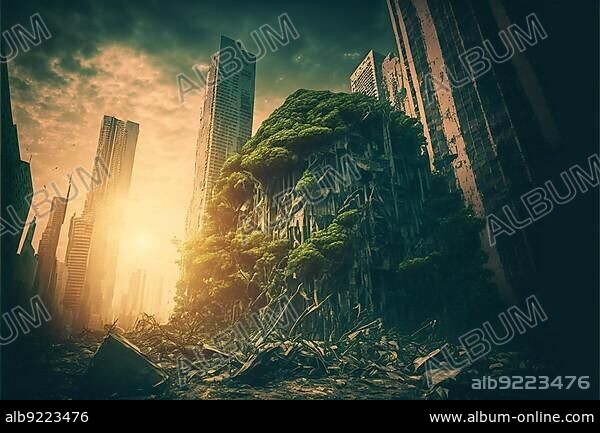 Apocalyptic city landscape, skyscrapers with plants, hdr. Ai generated art.
