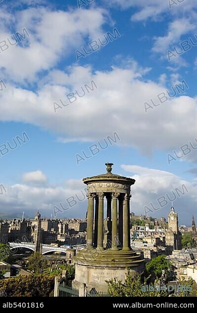Dugald Stewart Monument and Princes Street at back, Calton Hill, Edinburgh, Lothian Region, Scotland, United Kingdom, Europe.