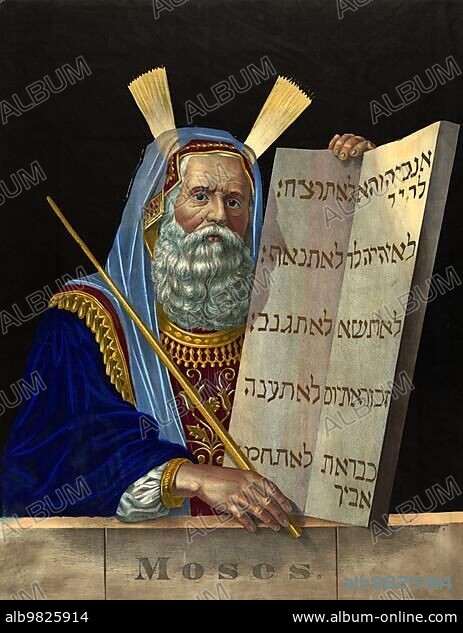 History of the Prophet Moses; Moses bust portrait; facing right; holding a tablet with the Ten Commandments; Historical; digitally restored reproduction from an 18th or 19th century original.