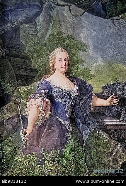 Maria Theresa Walburga Amalia Christina; was the only female ruler of the Habsburg dominions and the last of the House of Habsburg. She was the ruler of Austria; Hungary; Croatia; Bohemia; Transylvania; Mantua; Milan; Lodomeria and Galicia; the Austrian Netherlands and Parma; Historical; digitally restored reproduction of a 19th century original; Europe.