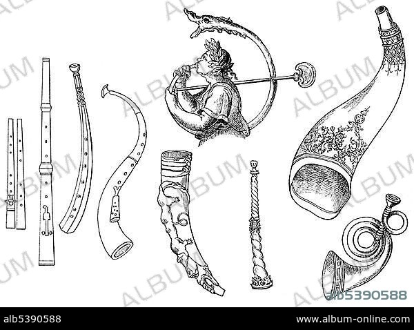 Historical drawing, various forms of old brass instruments, zinc, horn, buffalo horn, bucina or buccina, bugle of the Roman Empire.