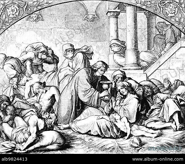 Martin Luther with the plague patients; Wittenberg; plague; disease; pestilence; death; mouth guard; cellar; columns; stairs; many people; danger; hall; chalice; comfort; pain; corpses; children; woman; drink; religion; Protestantism; 16th century; historical illustration around 1860.
