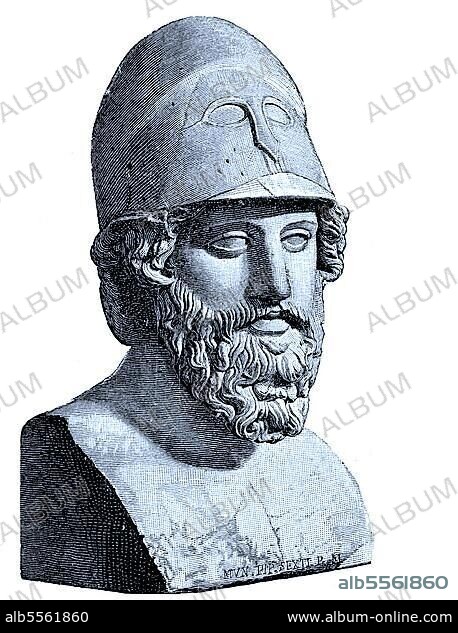 Themistokles, um 524 v. Chr. um 459 v. Staatsmann und Feldherr von Athen während der Bedrohung Griechenlands durch die Perser, er wurde Sieger der Schlacht von Salamis und gilt als Wegbereiter der attischen Demokratie, Marmorbüste im Vatikan, Italien, digital verbesserte Reproduktion eines Originaldrucks aus dem 19. Jahrhundert.