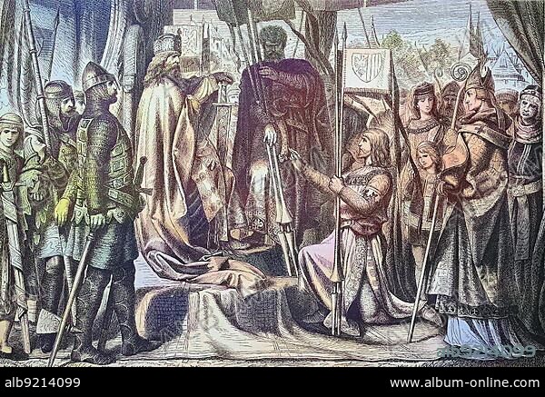 Henry II is enfeoffed as the first Duke of Austria, Henry, 1112, 1177, called Jasomirgott, was Count Palatine of the Rhine from 1140 to 1141, Margrave of Austria from 1141 to 1156, as Henry XI from 1141 to 1156. Duke of Bavaria and from 1156 to 1177 Duke of Austria. He was a member of the House of Babenberg, Historical, digitally restored reproduction from a 19th century original.