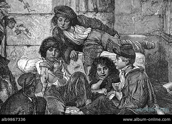 Parisian children, Paris, group, teenagers, street, lying, sitting, smoking, girls, boys, poor, clothes, patching, card game, boredom, occupation, social class, misery, France, historical illustration around 1898, Europe.