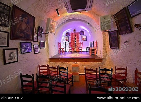 Stage in a former cave home, Los Tarantos flamenco club, Sacromonte, Granada, Granada province, Andalusia, Spain, Europe.