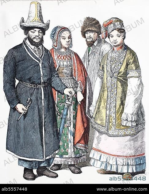 Folk traditional costume, clothing, history of costumes, Bashkirs, steppe dwellers and Tartars of Kazan, costumes from Asian Russia, 1885, digitally restored reproduction of a 19th century original, exact date unknown.