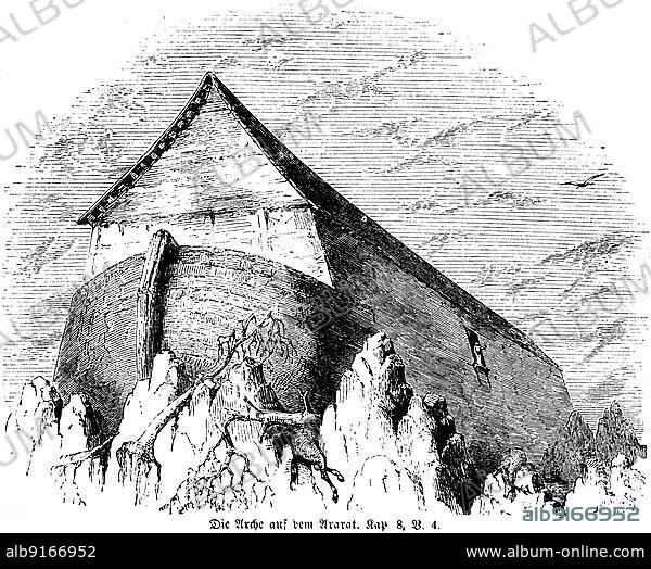 Ark on Ararat, Noah's Ark, box, mountain, peak, seventh month, mountains, Bible, Old Testament, First Book of Moses, chapter 8, verse 4, historical illustration 1850.