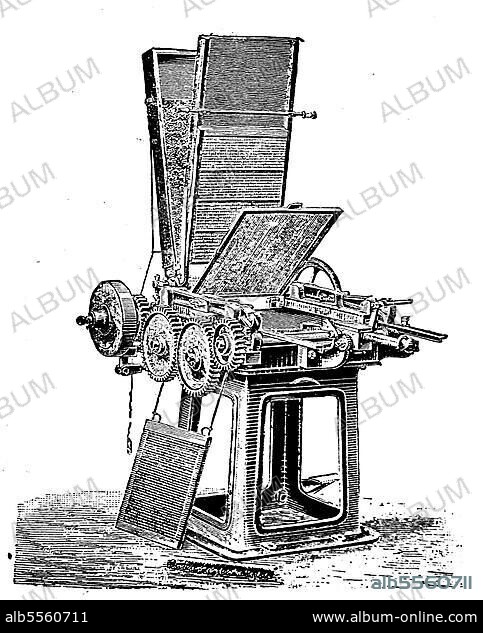 Zündholz Einlegemaschine aus der Maschinenfabrik Roller in Berlin, digital restaurierte Reproduktion einer Originalvorlage dem 19. Jahrhundert, Deutschland.