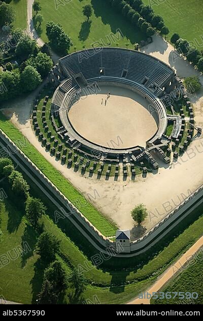 Aerial view, reconstructed colosseum, fighting grounds, Archaeologischer Park Xanten, Xanten Archaeological Park, Colonia Ulpia Traiana in Xanten, Lower Rhine Region, North Rhine-Westphalia, Germany, Europe.