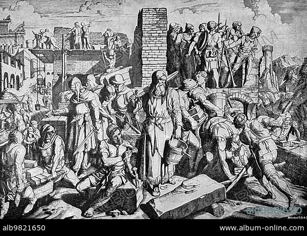 The Returned Jews Rebuilding Jerusalem; Nehemiah; Chapter 3; Verses 33-38; Old Testament; Bible; Jerusalem; worker; carpenter; hard work; stonemason; overseer; swords; walls; chisel; hammer; craft; bucket; Tobiah; Ammonite; trumpet; God; historical illustration 1890.