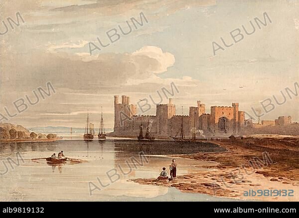 Caernarfon Castle in 1840; Caernarvon; Castell Caernarfon; is a ruined castle in Gwynedd in Wales; Historic; digitally restored reproduction from a 19th century original.