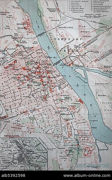 City map of Warsaw, from 1885, historical illustration, Poland, Europe.
