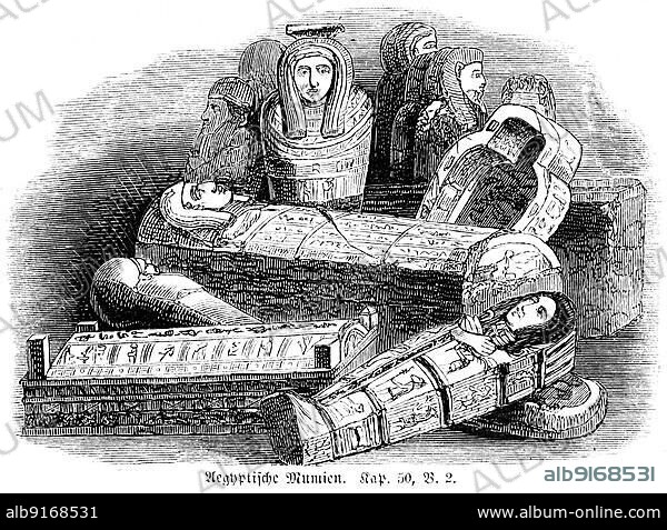 Egyptian mummies, Egypt, death, burial, ornamentation, embalming, hieroglyphics, upper social class, treatment, well preserved, remains, Bible, Old Testament, First Book of Moses, chapter 50, verse 2, historical illustration 1850, Africa.