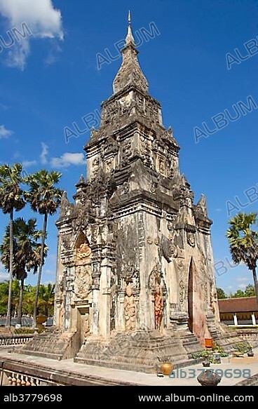 Theravada Buddhism, old ornate temple, That Ing Hang Stupa, in Savannakhet, Laos, Southeast Asia, Asia.