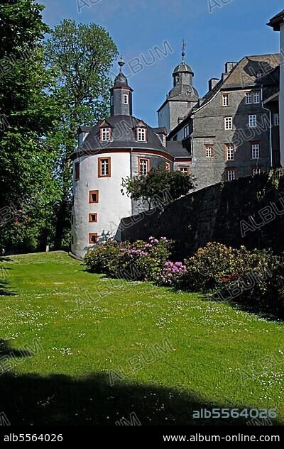 Berleburg Castle, Baroque main building from 1733, castle museum on the history of the Princely House of Sayn-Wittgenstein-Berleburg, Bad Berleburg, Siegen-Wittgenstein district, North Rhine-Westphalia, Germany, Europe.