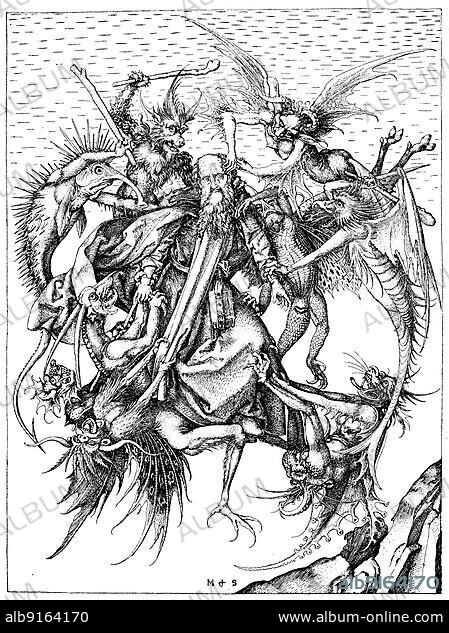 Temptation of St. Anthony, medieval depiction of devilish beings, facsimile of an engraving by Martin Schongauer, 1420-1499, Germany, digitally restored reproduction of a 19th century original, exact original date unknown, Europe.