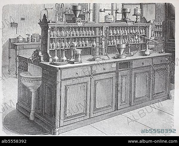 Ansicht eines Arbeitstisches im Chemielabor der Universität Leipzig, 1888, Deutschland, Historisch, digital restaurierte Reproduktion einer Originalvorlage aus dem 19. Jahrhundert.