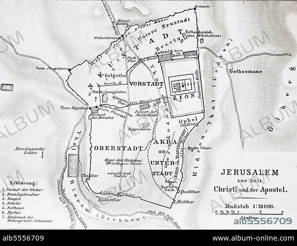 Karte von Jerusalem zur Zeit Jesus Christus, Historisch, digital restaurierte Reproduktion einer Originalvorlage aus dem 19. Jahrhundert.