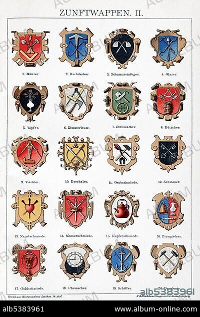 Old guild emblems, symbols of craft guilds, historical Chromotafel, coloured plate, Brockhaus Konversationslexikon, an encyclopaedia from 1908, Germany, Europe.