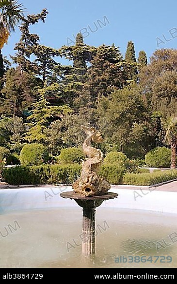 The fountain in front of Golitsyn Palace or Gaspra Palace, Sanatorium Yasnaya Polyana, near Miskhor, Crimea, Ukraine, Europe.