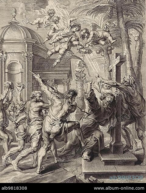 Torture of the Apostle Thomas in 72; Historical; digitally restored reproduction from a 19th century original.