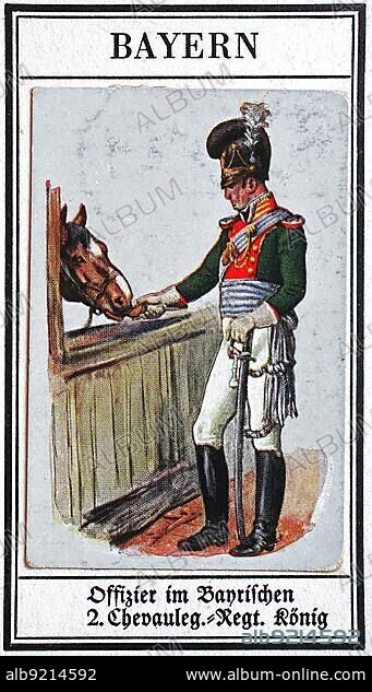 German Uniforms of the 19th century, Lines, Cavalry: Bavaria, Officer in the Bavarian 2nd Chevauleger (Light Cavalry) Regiment King, Historical, digitally restored reproduction of a public domain collector's picture from the early 20th century.