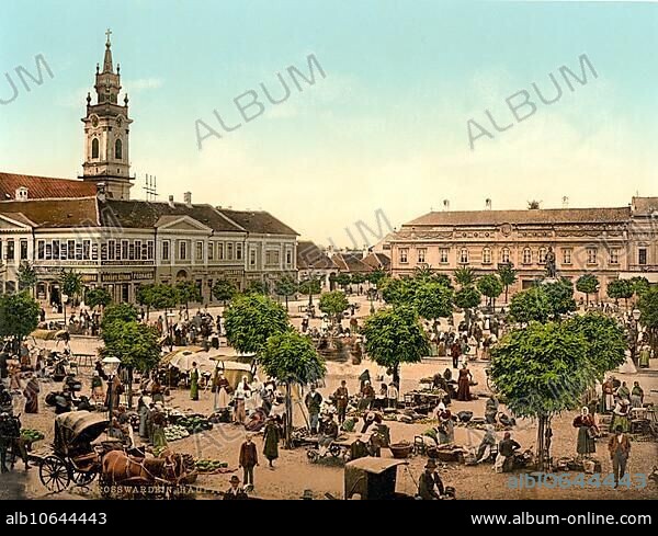 Main square and market of Grosswardein, today Oradea, Hungary, Austro-Hungary, Austro-Hungarian Empire, Austrian-Hungarian Monarchy, today Romania, Historical, around 1900, digitally restored reproduction from a 19th century original, Main square and market of Grosswardein, today Oradea, Hungary, Austro-Hungary, Austro-Hungarian Empire, Austrian-Hungarian Monarchy, today Romania, Historical, around 1900, digitally restored reproduction from a 19th century original, Europe.