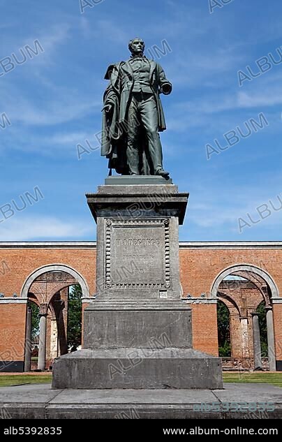 Statue of mine owner and founder Henri de Gorge, Le Grand Hornu, monument of the Industrial Age, founded 1810, Hornu, Province of Hainaut, Wallonia or Walloon Region, Belgium, Europe.