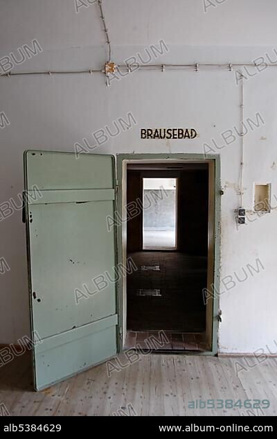 Large crematorium, gas chambers disguised as showers, Dachau Concentration Camp Memorial Site, Dachau, Bavaria, Germany, Europe.