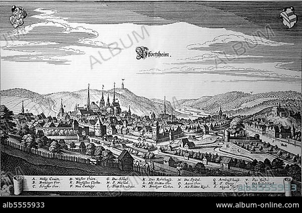 Pforzheim im Mittelalter, Baden-Württemberg, Deutschland, Historisch, digital restaurierte Reproduktion einer Originalvorlage aus dem 18. Jahrhundert, genaues Originaldatum nicht bekannt.